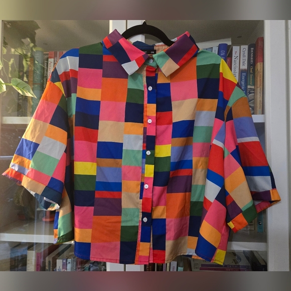 Colourful Checkered/Plaid Button-Up Short Sleeve Shirt with Collar - Picture 6 of 11